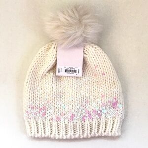 LC LAUREN CONRAD Pom Pom Beanie Hat Sherpa White Pink Sequins Knit Hat NWT